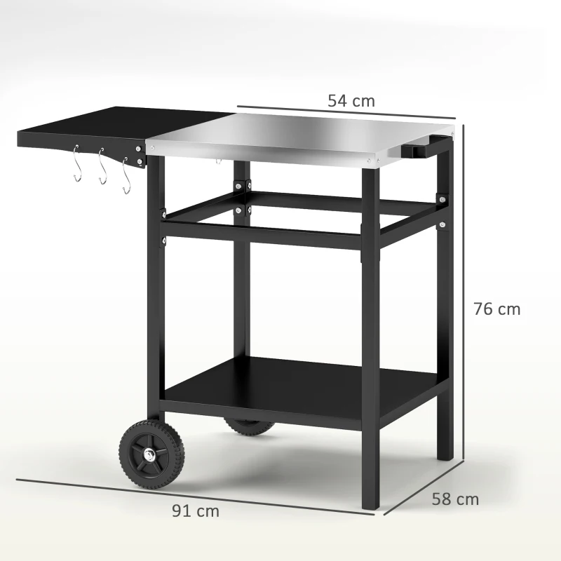 Outsunny BBQ Trolley with Stainless Steel Top and Foldable Side Table, Outdoor Kitchen Barbecue Station with Hooks and Shelf, Pizza Oven Table Movable Outdoor Grill Dining Cart with Cover, Black