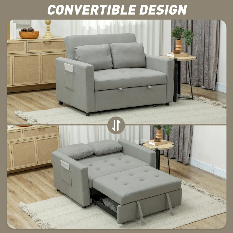 HOMCOM Loveseat Sofa Bed, Convertible Bed Settee with 2 Pillows, Side Pockets, Light Grey