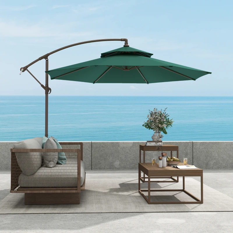 Outsunny 2.7m Garden Banana Parasol Cantilever Umbrella with Crank Handle, Double Tier Canopy and Cross Base for Outdoor, Hanging Sun Shade, Green