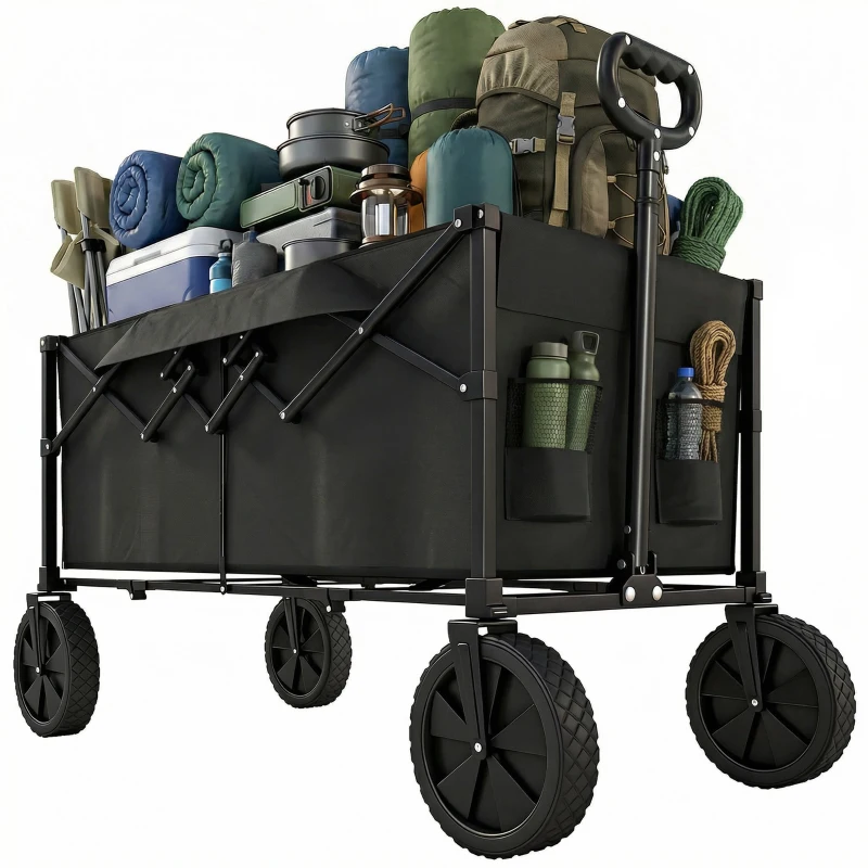 Outsunny 95L Foldable Festival Trolley on Wheels, Collapsible Wagon Cart with Adjustable Handle and 2 Cup Holders, Black