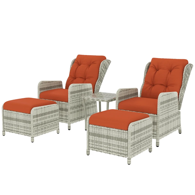 Outsunny 5 Pieces Rattan Bistro Set with Adjustable Back, Reclining Wicker Balcony Furniture with Cushions, Glass Top Coffee Table and Footstools, Outdoor Table and Chairs, Orange