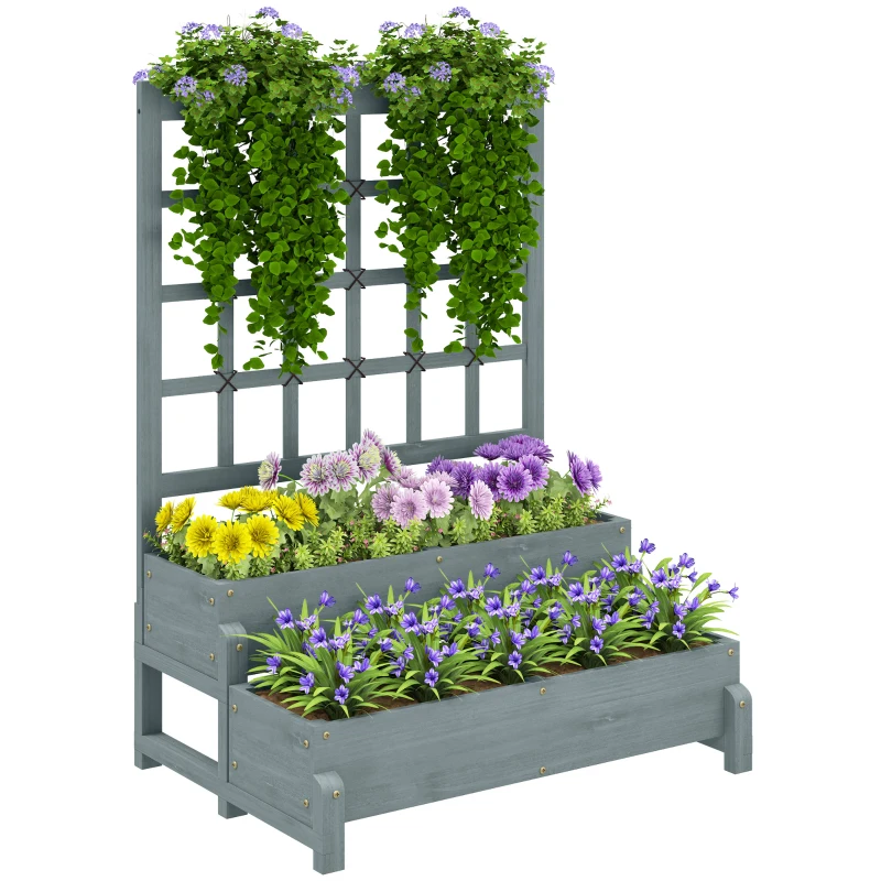 Outsunny 2-Tier Raised Garden Bed with Trellis, Wooden Elevated Planter Box with Drainage Holes, Outdoor Raised Planter for Climbing Plants, Fruits, Vegetables, Flowers, Grey