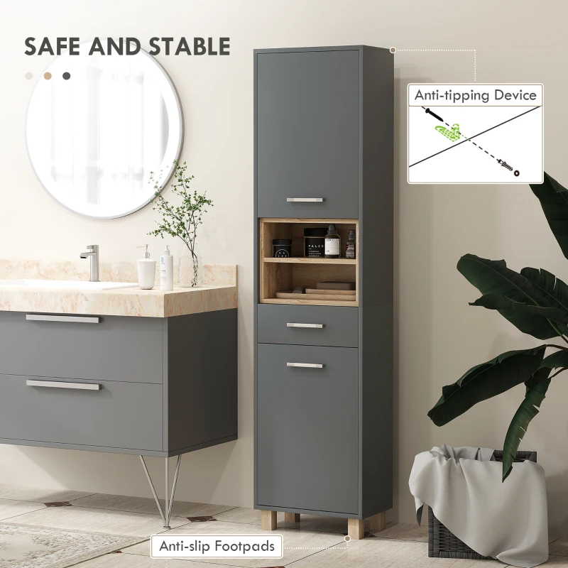 HOMCOM Tall Modern Bathroom Storage Cabinet - Grey