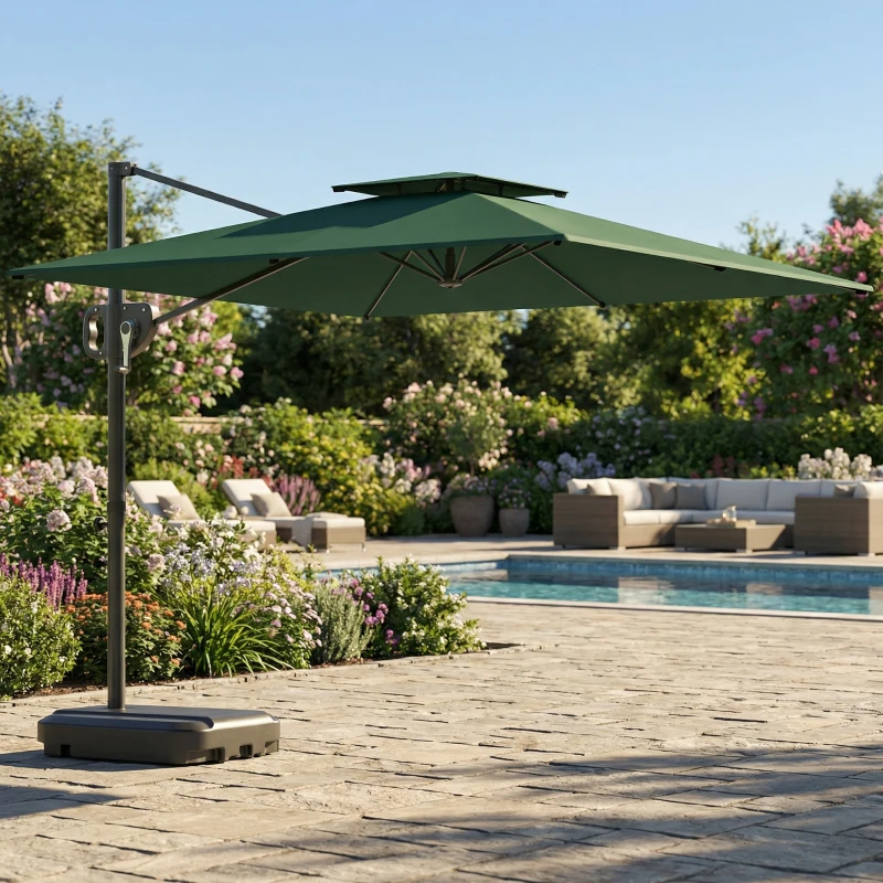 Outsunny Cantilever Parasol with Weighted Base Double Top Garden Parasol Square Hanging Patio Umbrella with Crank Tilt Dark Green