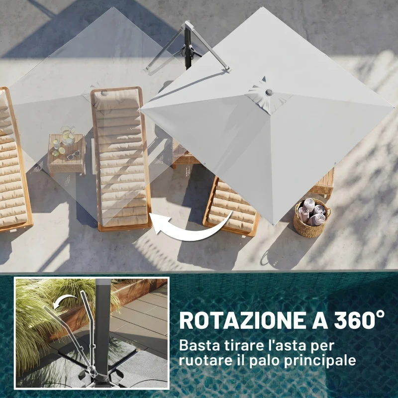 Outsunny Ombrellone a Sbalzo con Manovella e Base a Croce, in Poliestere, Alluminio e Metallo, 365x297x256 cm, Grigio Chiaro