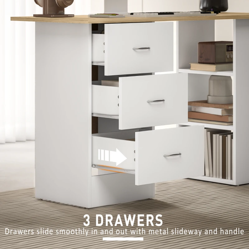 HOMCOM Computer Desk with Drawers, Home Office Desk, Writing Table, PC Workstation with 3 Storage Shelves for Working, Study, 120 x 49 x 72 cm, Natural Wood Finish and White