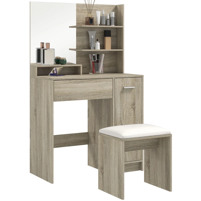 HOMCOM Dressing Table and Stool Set, with Storage - Wood-Effect
