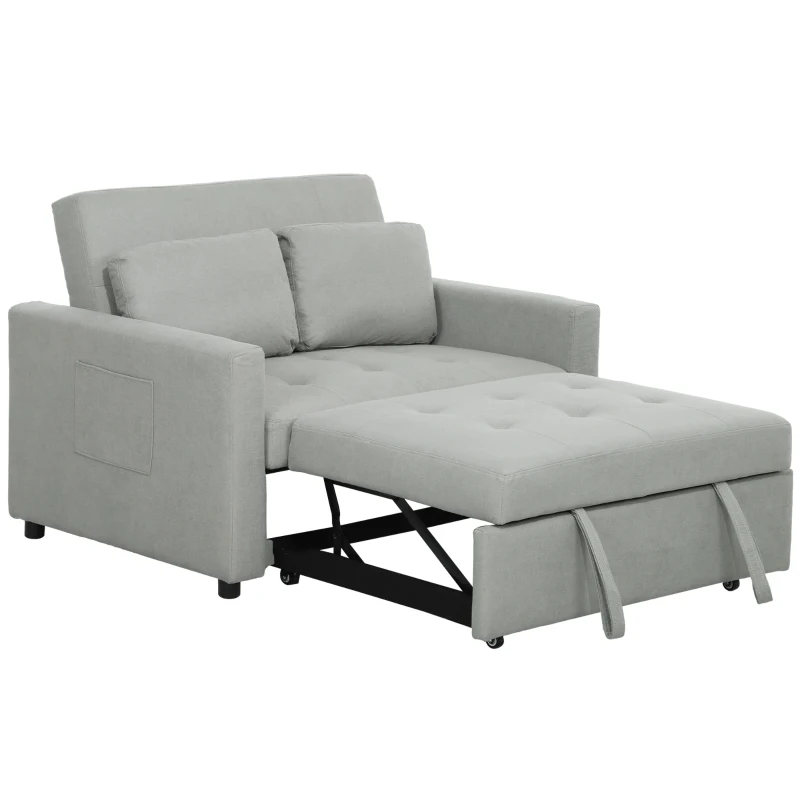 HOMCOM Loveseat Sofa Bed, Convertible Bed Settee with 2 Pillows, Side Pockets, Light Grey