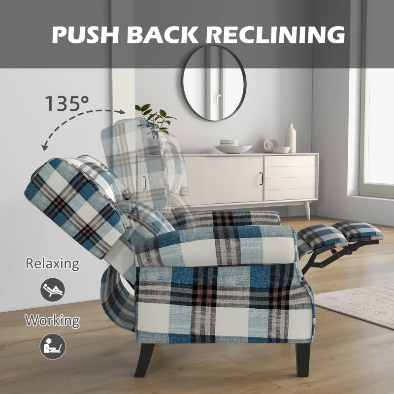 HOMCOM Wingback Reclining Chair Push Back Recliner Armchair for Living Room Bedroom with Footrest Armrests Wood Legs Blue