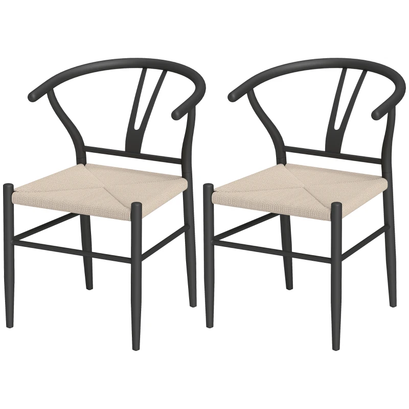 HOMCOM Set of Two Weave Dining Chairs with Y-Shaped Backrest Hemp Seat - Black/Beige