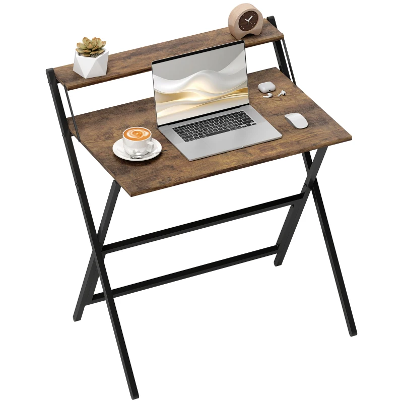 HOMCOM 81.5 cm Folding Computer Desk with Monitor Shelf - Rustic Brown