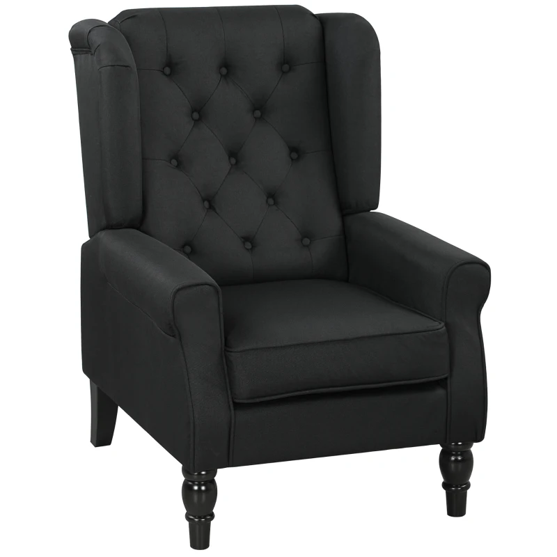HOMCOM Wingback Accent Chair, Faux Linen Armchair with Thick Spring Cushion, High Back, Solid Wood Legs, Retro Button Tufted Reading Chair for Living Room, Bedroom, Black