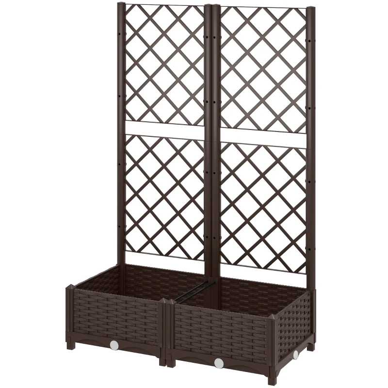 Outsunny Raised Garden Bed with Trellis, Plastic Planter Box with Drainage Holes, Drain Plugs and Water Reservoirs for Climbing Plants, Vegetables, Flowers, Brown