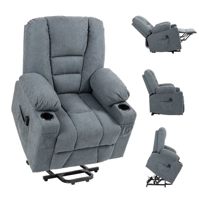 HOMCOM Oversized Riser and Recliner Chair for the Elderly, Fabric Upholstered Lift Chair for Living Room with Remote Control, Side Pockets, Cup Holder, Grey