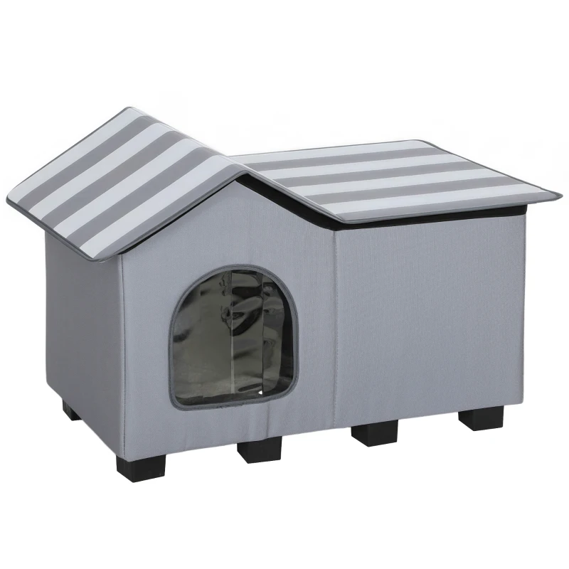 PawHut Outdoor Cat House, Weather Resistant Feral Cat Cave with Elevated Base and Cushion for Winter, Grey