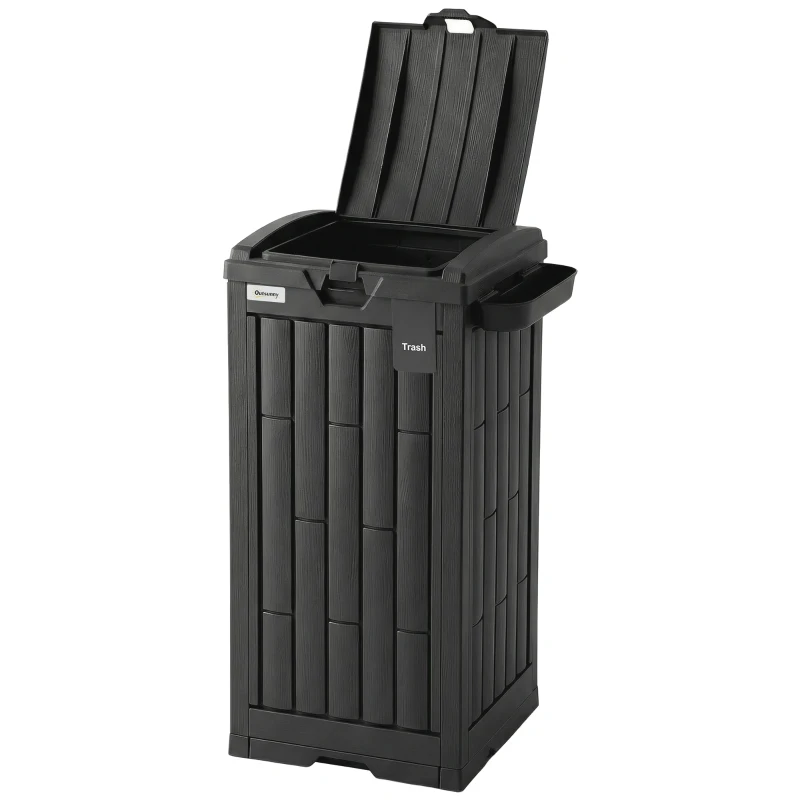 Outsunny 110 L Outdoor Bin with Dual Lid, Waterproof Plastic Trash Bin with Ashtray and Drip Tray, Garden Waste Trash Bin, Black