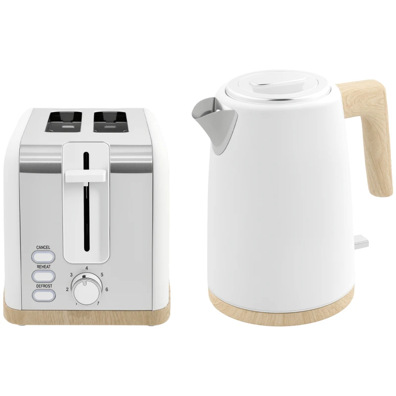 HOMCOM Stainless Steel Kettle and Toaster Set, 1.7L 3000W Fast Boil Kettle & 2 Slice Toaster Kitchen Set with 7 Level Browning Controls, Defrost, Reheat, Auto Off, Boil-dry Protection, White