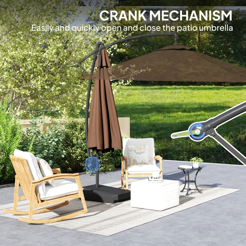 Outsunny 3(m) Garden Cantilever Parasol with Fillable Base up to 90kg, Wind Protection Strap, Cover, Round Banana Hanging Umbrella with Crank Handle and Tilt, UPF50+ Patio Umbrella, Brown