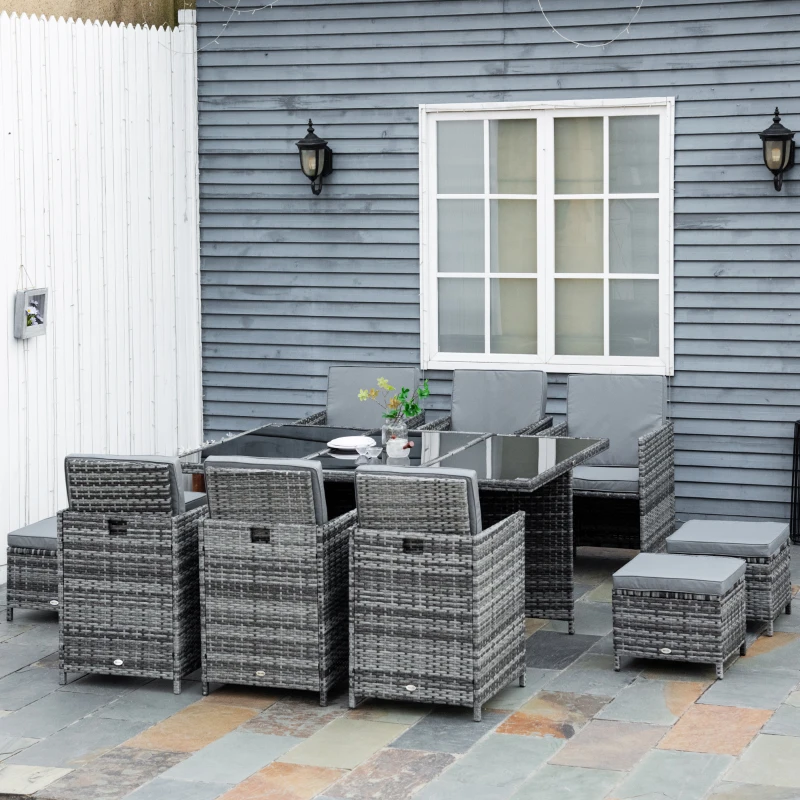 Outsunny 10 Seater Rattan Cube Garden Furniture Set with Parasol Hole, Rattan Dining Set with Cushions, Outdoor Dining Table and Chairs with Rectangular Glass Top Table for Patio, Mixed Grey
