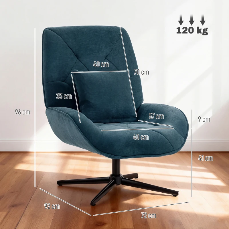 HOMCOM Accent Chair, Chenille Upholstered Swivel Armchair with Lumbar Pillow, High Back, Deep Seat and Metal Legs, Dark Green
