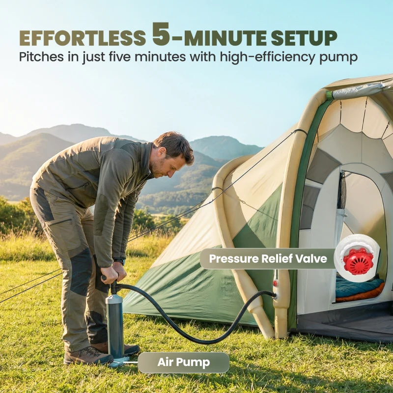 Outsunny Inflatable Tent 2 Bedroom Tunnel Design Windproof Air Tent with Carry Bag for 4 Person