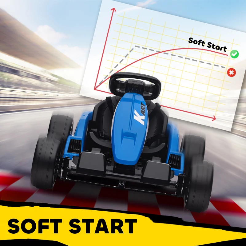 AIYAPLAY 24V Electric Go Kart, Drift Kart with Adjustable Seat, Slow Start, 5-Point Harness, Music, Horn, for 6-12 Years, Blue