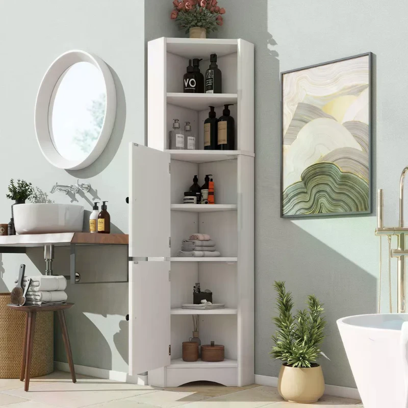 Dreieckiger Badezimmerschrank mit zwei offenen Ablagefächern, verstellbaren Trennwänden, 51,7 x 32 x 155,4 cm, Weiß