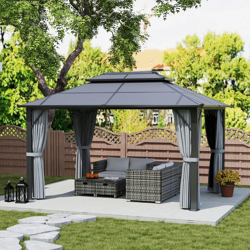 Outsunny 3 x 4m Hardtop Gazebo Canopy with UPF30+ Double Polycarbonate Roof, Aluminium Frame Garden Gazebo Permanent Pavilion with Mosquito Netting and Curtains for Patio, Deck, Grey
