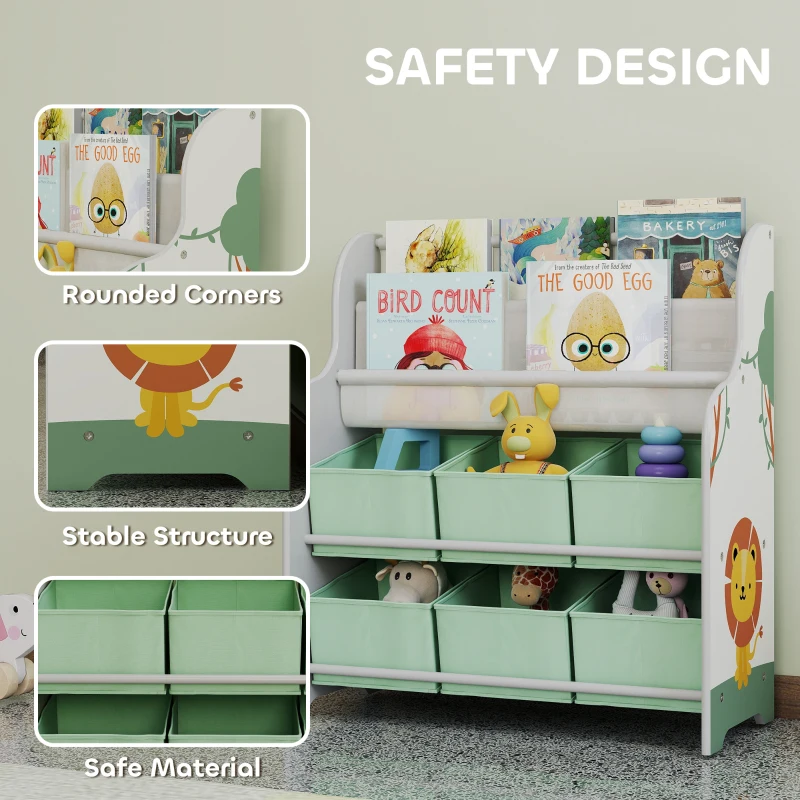 AIYAPLAY Kids Storage Unit, Toy Organiser with 6 Fabric Drawers and 2-Tier Sling Book Rack for Bedroom, Playroom, Nursery, Green