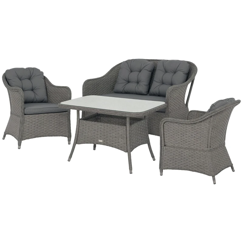 Outsunny Four-Piece Rattan Set, with Glass-Top Table - Light Grey