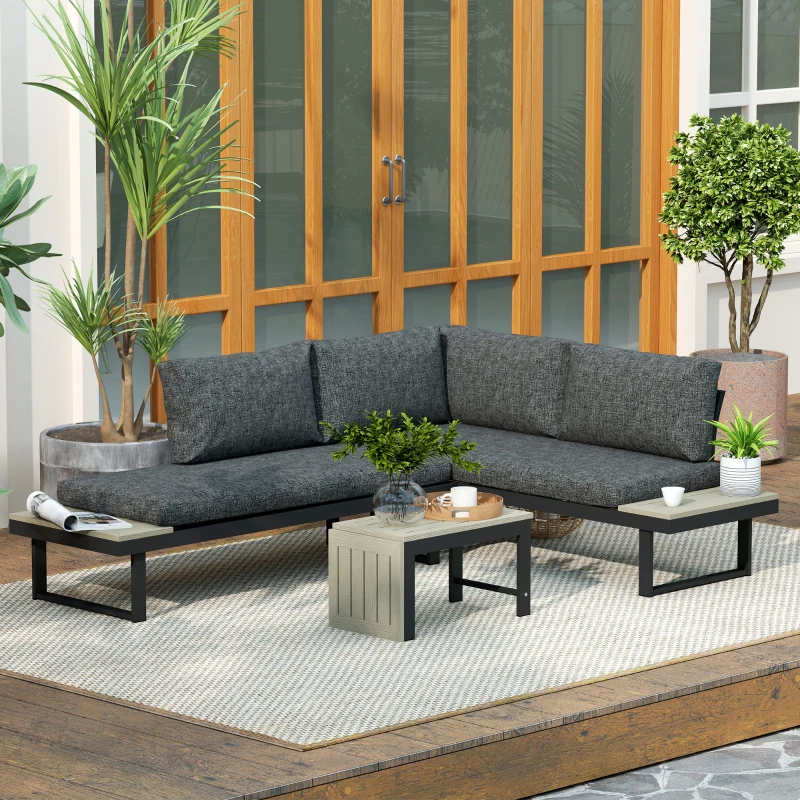 Outsunny 4 Seater L Shaped Aluminium Sectional Garden Furniture Set with 2 Loveseats and Wood-Plastic Coffee Table - Dark Grey