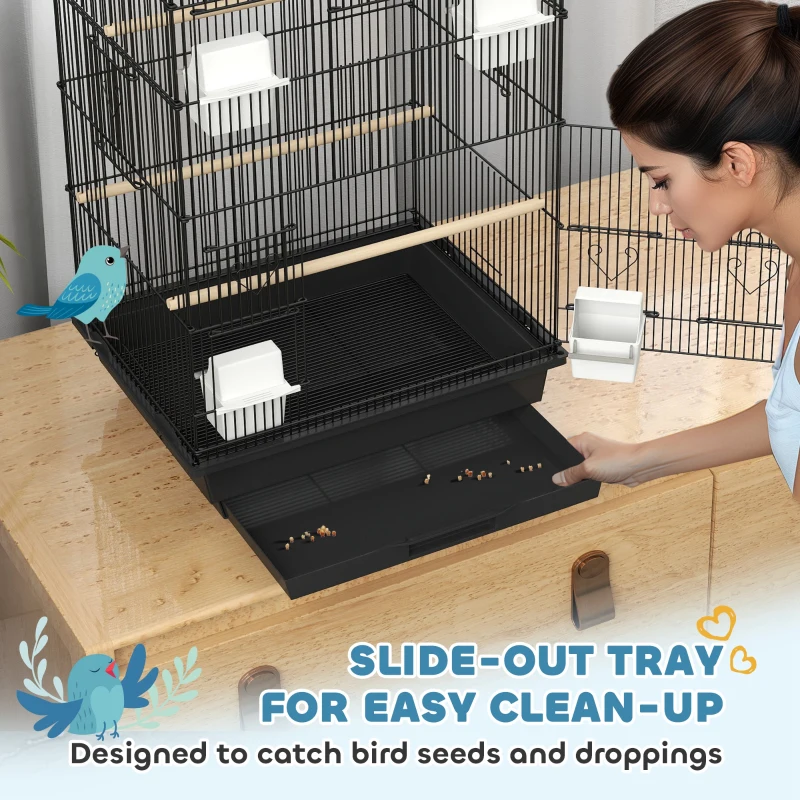 PawHut Metal Bird Cage with Plastic Swing, Perch, Food Container, Tray, Handle, for Finches, Canaries, 43 x 32.5 x 104cm