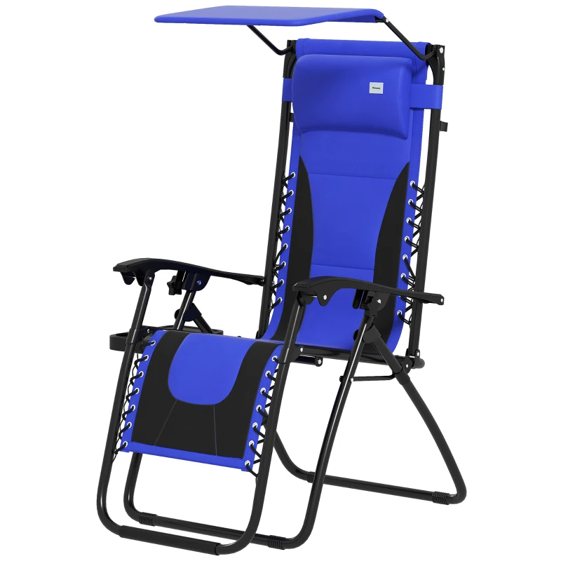Outsunny Zero Gravity Lounger Chair, Folding Reclining Patio Chair with Shade Cover, Padded Seat, Cup Holder, Soft Cushion and Headrest for Poolside, Camping, Blue