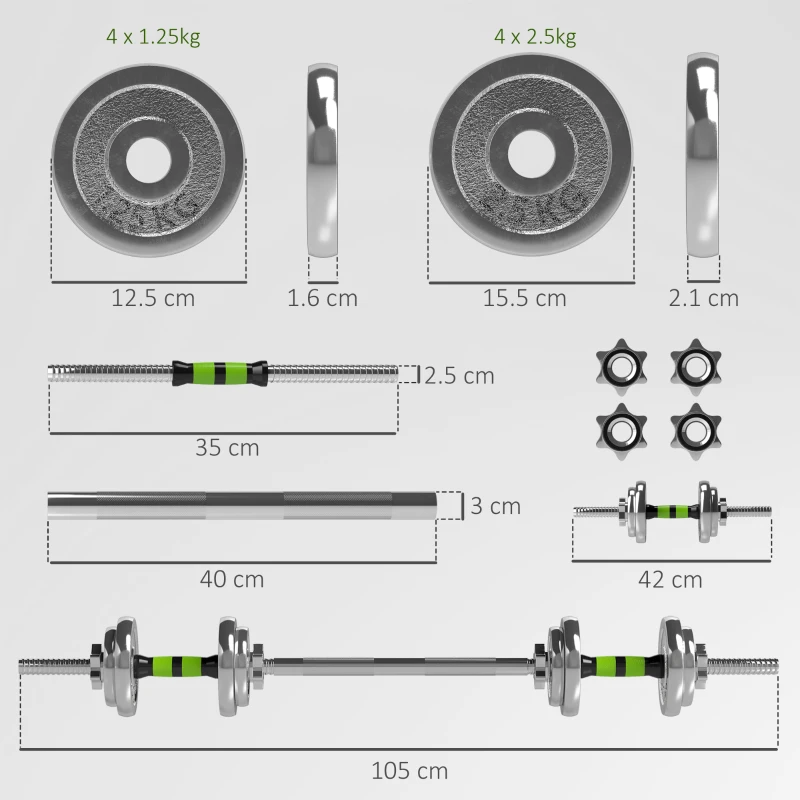 SPORTNOW 20kg 2-in-1 Barbell and Dumbbell Set, with Non-Slip Handle, for Weight Lifting, Training Home Gym