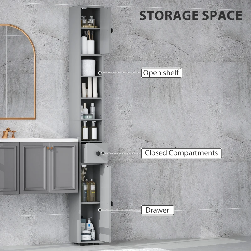 kleankin 180cm Slim Bathroom Cabinet, with Drawer, Shelves and Cupboards - Grey