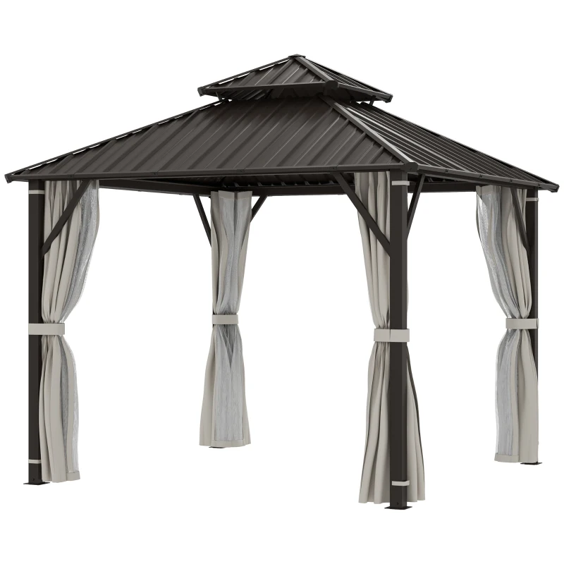 Outsunny 3 x 3(m) Hardtop Gazebo Canopy with Double Metal Roof, Waterproof Permanent Pavilion Garden Gazebo with Netting and Curtains, Easy to Assemble, Beige