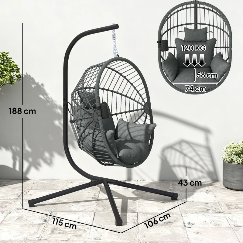 Outsunny Scaun Suspendat de Exterior, cu Pernă, Tip Ou, 120 cm x 106 cm x 188 cm, Gri