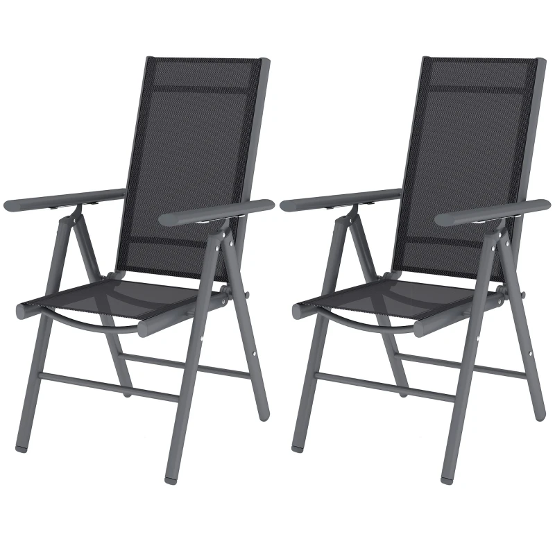 Outsunny Set of 2 Folding Garden Chairs, Aluminium Frame Outdoor Dining Chairs with Breathable Mesh Back and Seat, Garden Folding Chair Set with Armrests for Balcony, Dark Grey