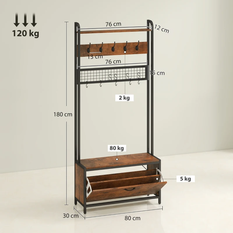 HOMCOM 5-In-1 Industrial-Style Hallway Tree - Brown/Black