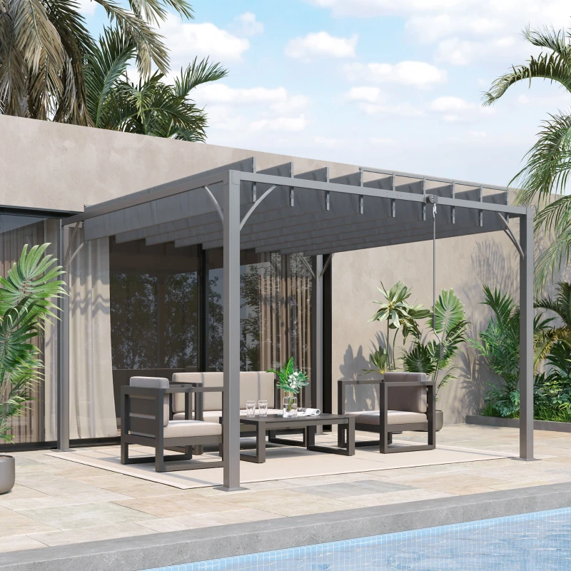 Outsunny 3 x 3(m) Outdoor Pergola with Retractable Roof, Aluminium Louvered Patio Gazebo Canopy for Garden, Patio, Grey