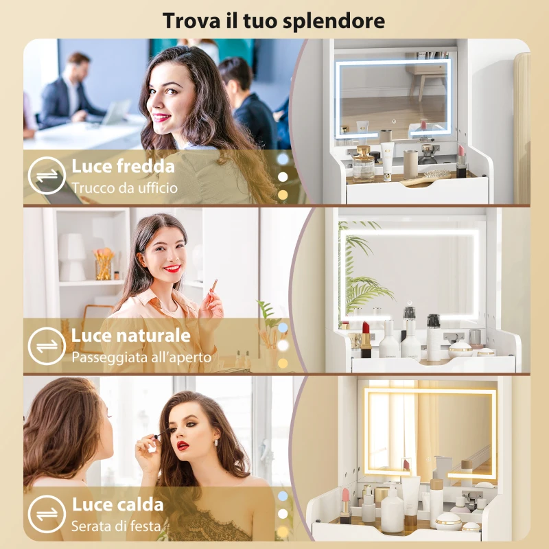 HOMCOM Toeletta Trucco con Specchio Illuminato e Sgabello, Luce Regolabile, Cassetti e Armadietto, Bianco