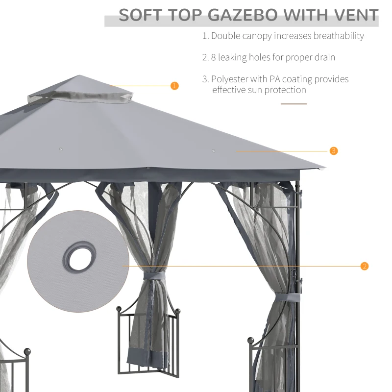Outsunny 3 x 3m Garden Gazebo Patio Party Tent Shelter Outdoor Canopy Double Tier Sun Shade with Metal Frame and Netting, Light Grey