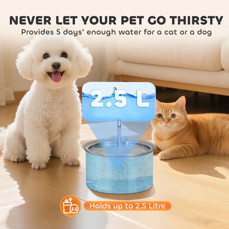 PawHut 2.5L Stainless Steel Cat Water Fountain for Drinking with Ultra-Silent Pump, Water-Level Window, 7 Filters