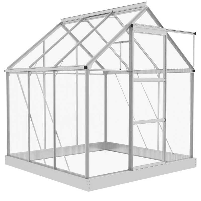 Outsunny 6 x 6ft Walk-In Greenhouse, Polycarbonate Greenhouse with Sliding Door, Window, Aluminium Frame, Foundation, Silver