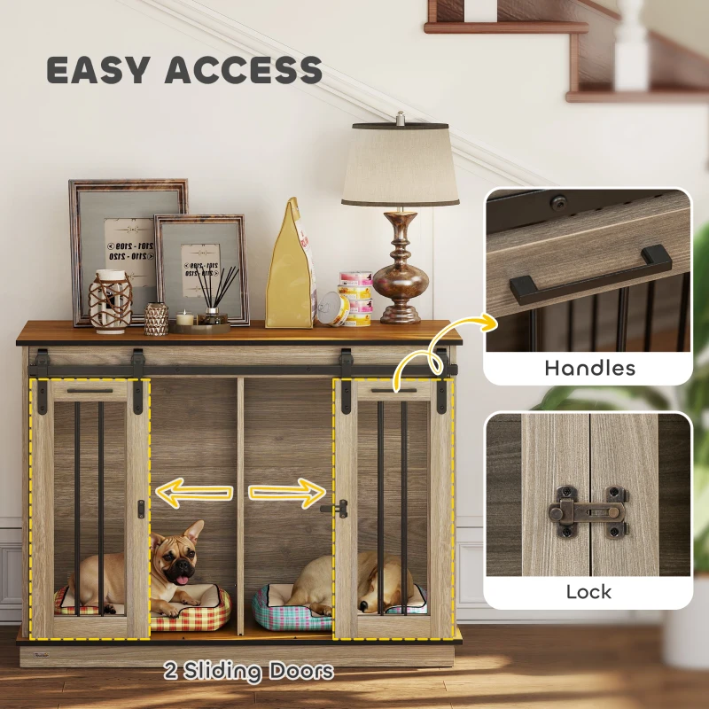 PawHut Dog Crate Furniture for Large Dogs, Double Dog Cage for Small Dogs w/ Sliding Doors, Oak Tone