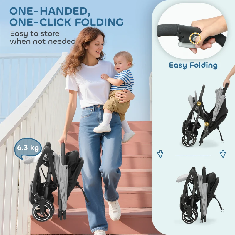 AIYAPLAY Travel Stroller, Lightweight Pushchair, Compact Buggy with Canopy, Basket and Multi-Position Recline, Light Grey