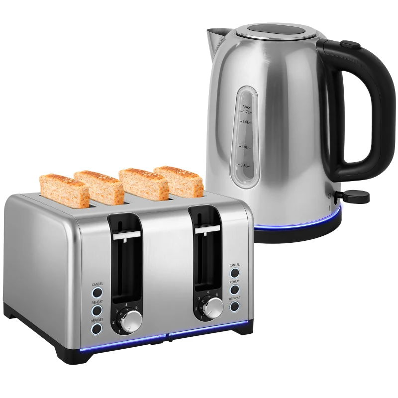 HOMCOM Kettle and Toaster Set, 1.7L 3000W Rapid Boil Jug Kettle with Otter Thermostat, Limescale Filter, 4 Slice Toaster with 7 Browning Controls, Crumb Tray, LED Strip, Silver Tone