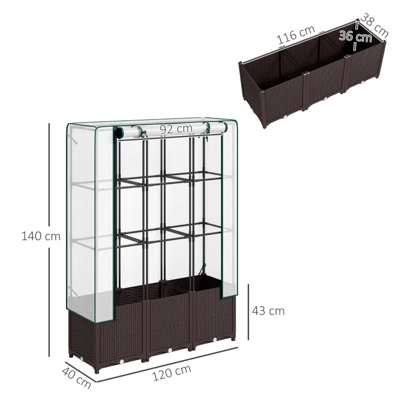 Outsunny Raised Garden Bed with Trellis, Plastic Planter Box with PE Cover, Drainage Holes, Drain Plugs and Water Reservoirs for Climbing Plants, Vegetables, Flowers, 120 x 40 x 140 cm