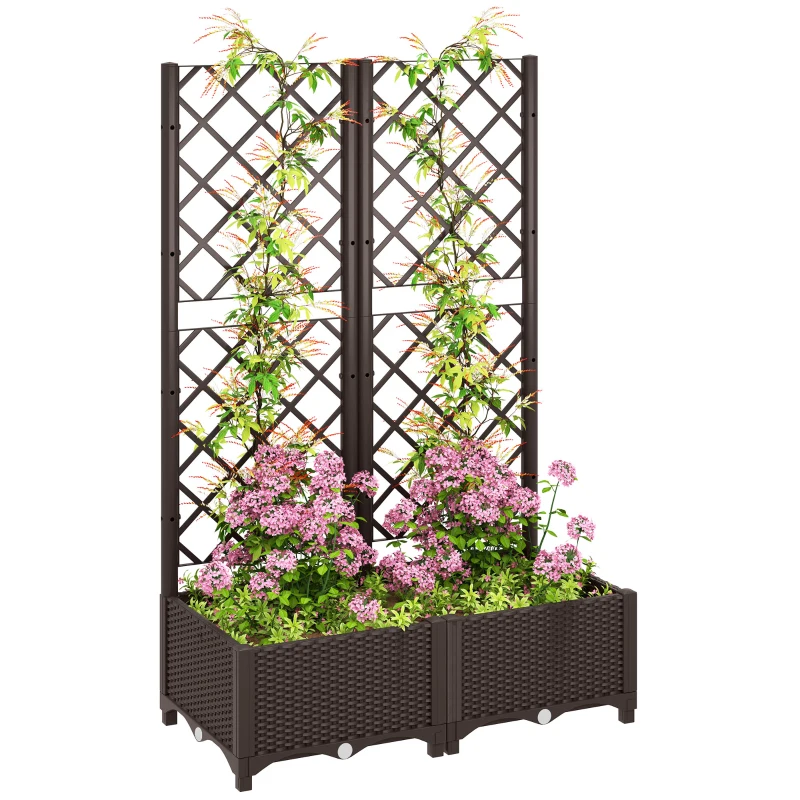 Outsunny Raised Garden Bed with Trellis, Plastic Planter Box with Drainage Holes, Drain Plugs and Water Reservoirs for Climbing Plants, Vegetables, Flowers, Brown
