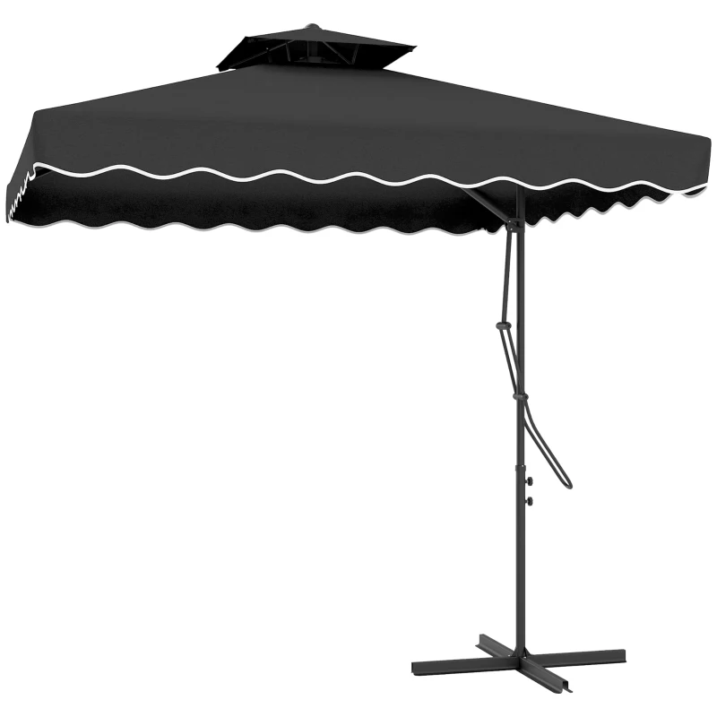 Outsunny 2.5m Cantilever Parasol with Easy Lever, Square Double Top Garden Parasol Umbrella with Ruffles and Cross Base, Overhanging Outdoor Sun Shades, Black
